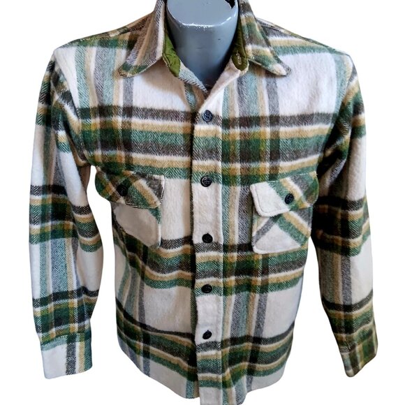 Small Vintage CPO Shirt Jacket Mens Plaid Wool Brent 1960's Montgomery Ward 60s - Picture 2 of 8